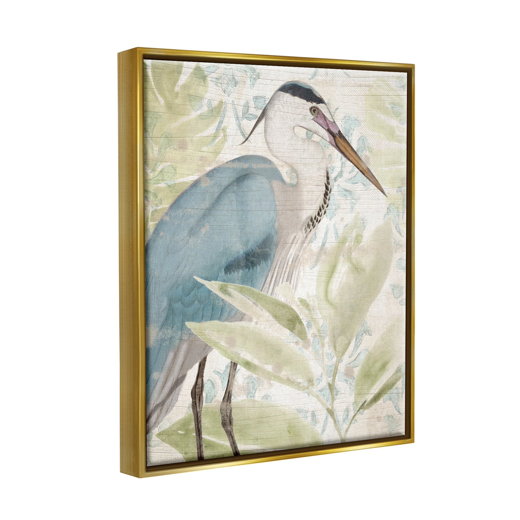 Stupell Industries Heron & Tropical Leaves Animals & Insects Painting Gold Floater Framed Canvas Art Print Wall Art, 25 x 31