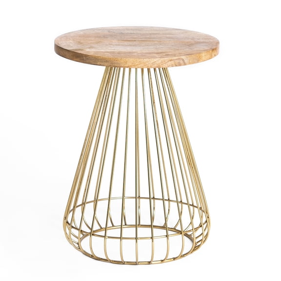 Melody Solid Mango Wood Round End Table with Metal Wire Base, Modern Accent Side Table for Living Room or Bedroom, 20 in Height, Natural Top Black Base