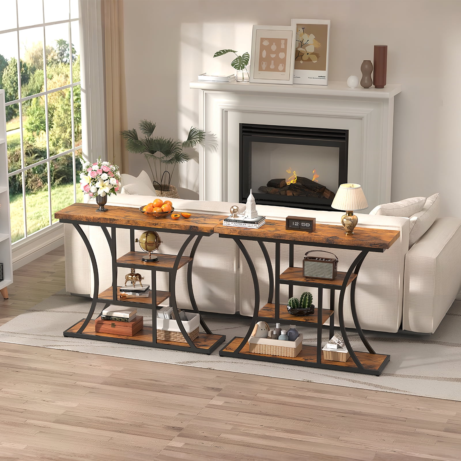 Vingud Console Table with Curved Frames and 3 Open Shelves, Entryway Table for Hallway Entrance Living Room, Rustic Brown + Black 41 inches