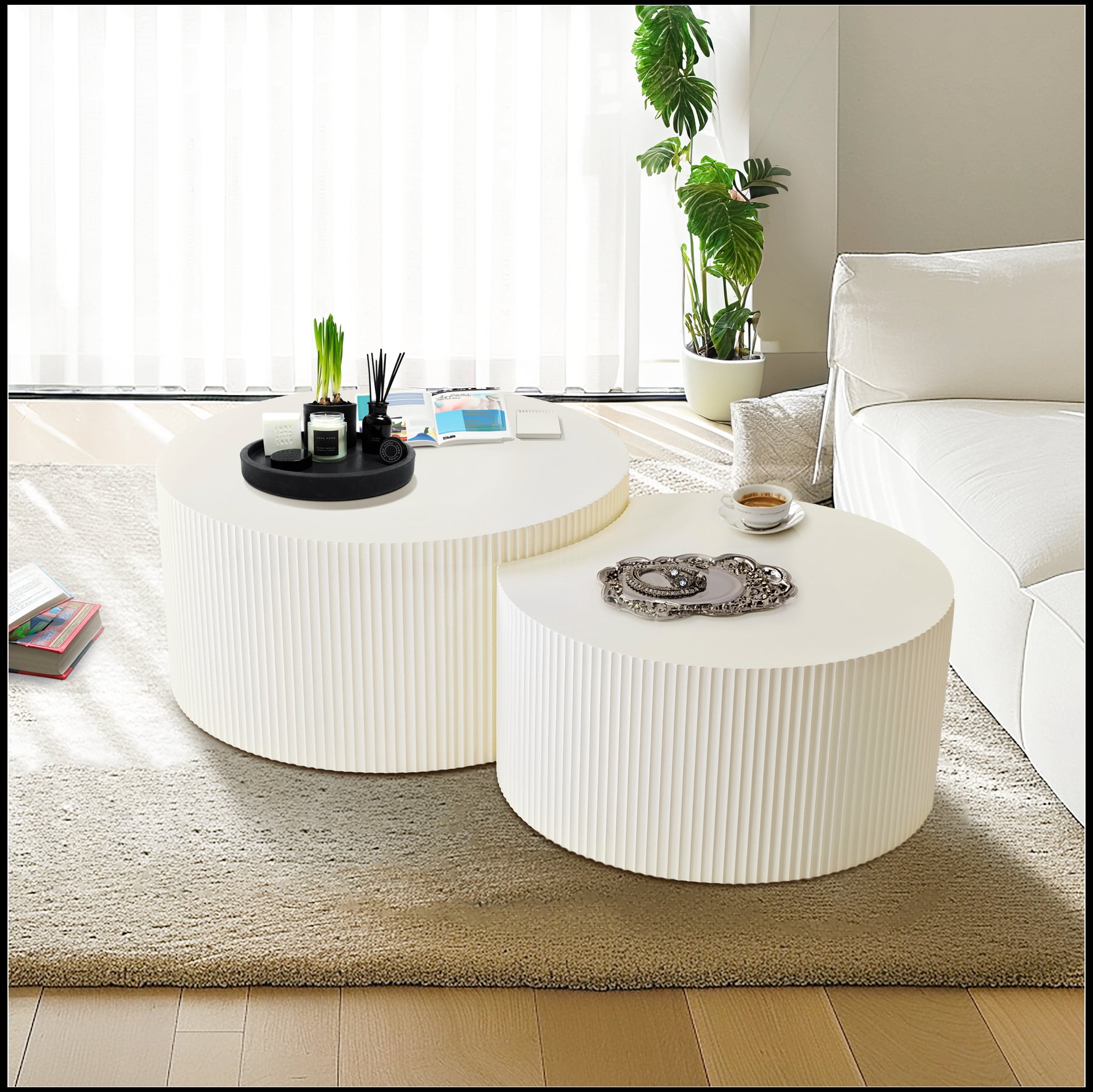 Vertical Stripe Design Nesting Coffee Table Set for Living Room, Bedroom, Beige(Set of 2 Pieces)