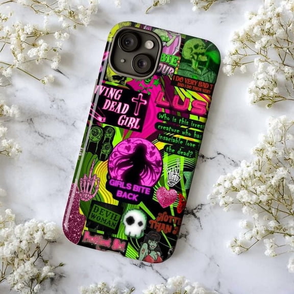 Gothic Neon Collage Phone Case for iPhone 16 15 14 13 12 11 Pro Max – Living Dead Girl, Girls Bite Back, Alt Aesthetic Horror Punk Protective Cover