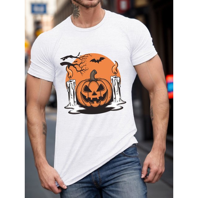 Halloween T-Shirt, Pumpkin Pattern - Casual Short Sleeve Summer Top, Machine Washable, 100% Cotton, Wear in All Seasons