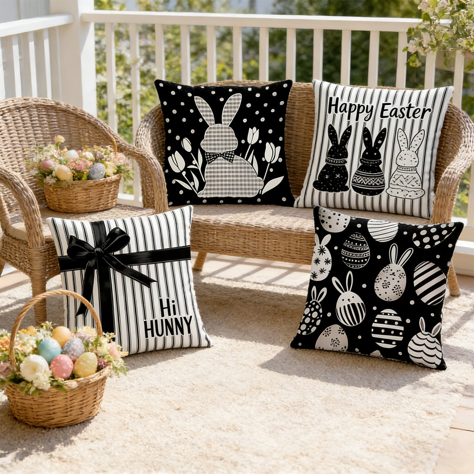Easter Pillow Covers Set of 4, 18x18 Inch Easter Bunny and Egg Pattern Throw Pillow Covers, Soft Flannel Decorative Cushion Covers for Sofa Couch Spring Home Decor