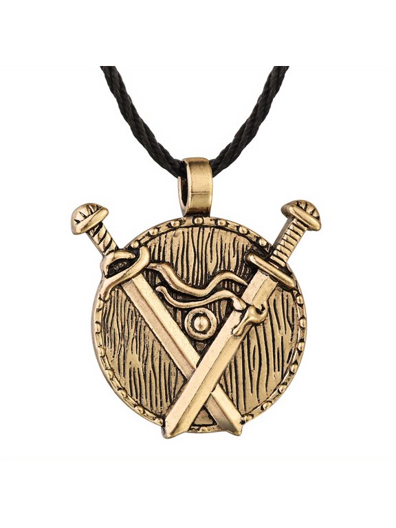 Viking Double Sword Pendant Medieval Jewelry Warrior Wearing Necklace Men'S Gift,Antique Golden