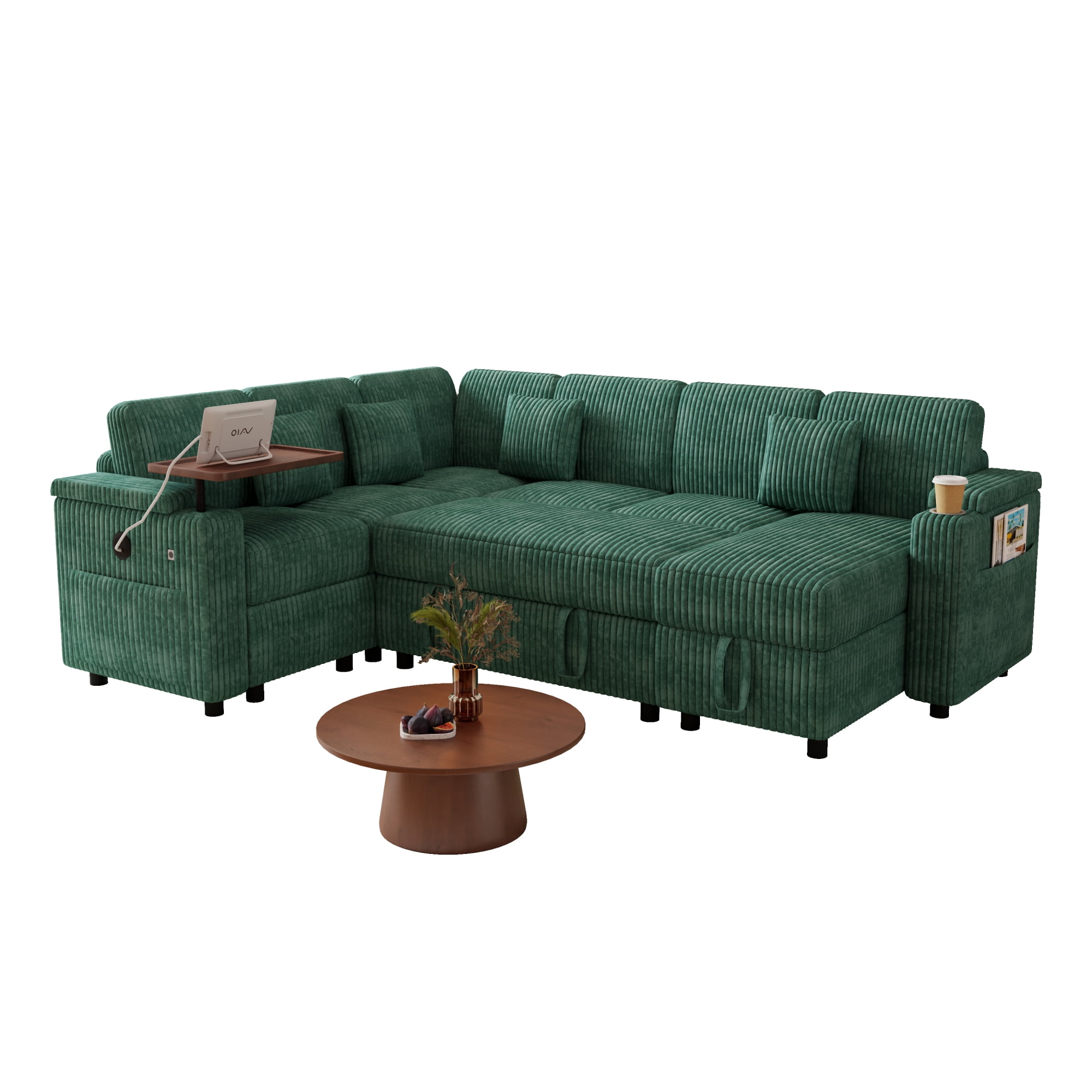 100" U-Shaped Sectional Sofa with Pull Out Bed, Storage Chaise and USB Port, Convertible Sleeper Sofa Bed Modular Sofa Couch with Laptop Table & Cup Holder for Living Room