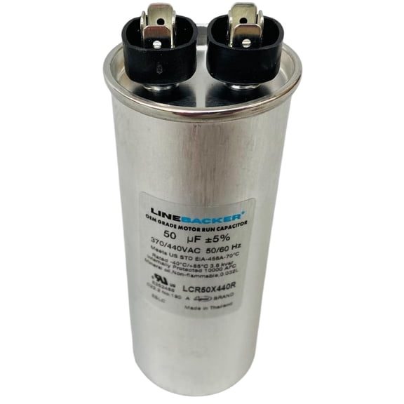 Linebacker Motor Run Round Capacitor, 50 Mfd., 370/440 Volt, LCR50X440R