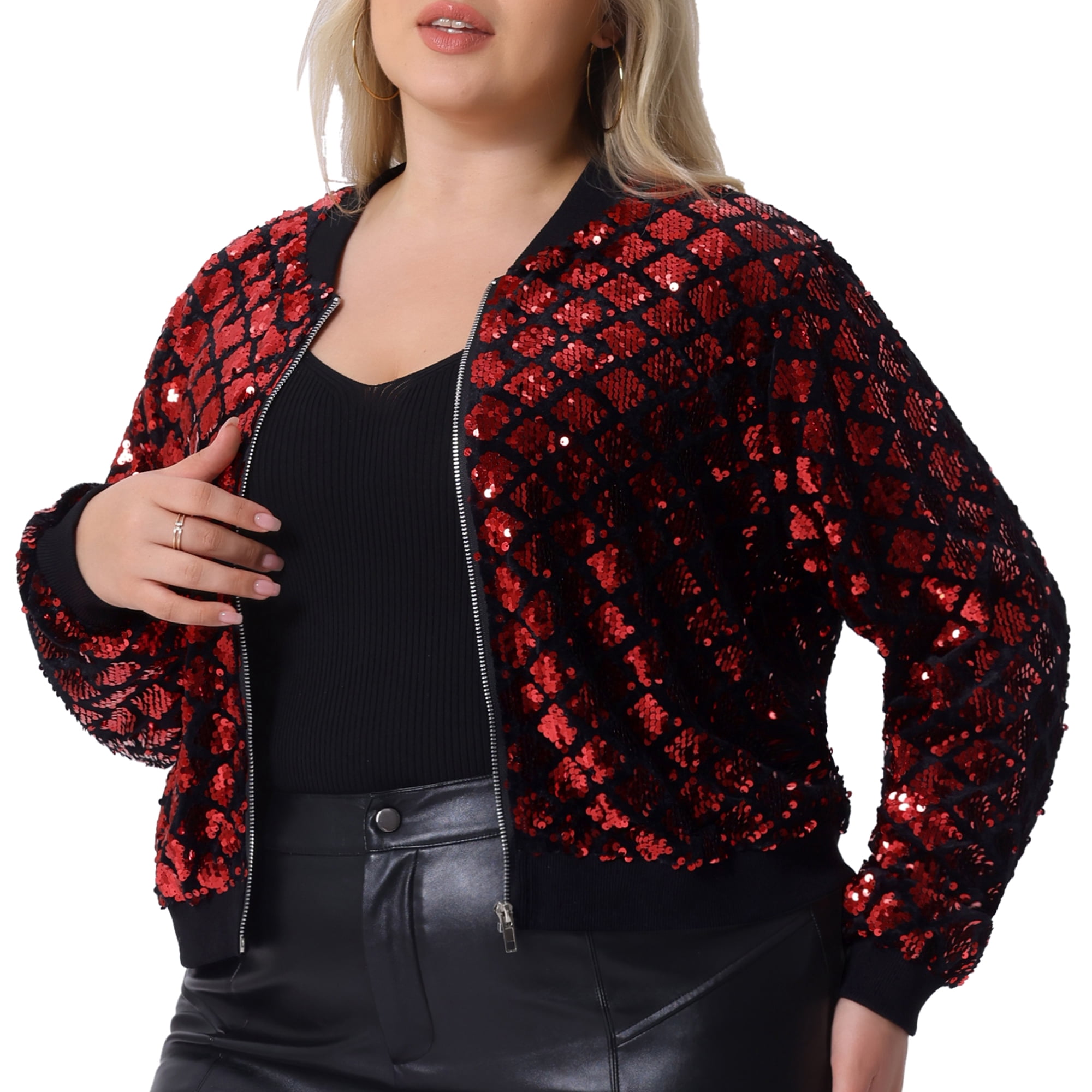 DARING DIVA Women's Plus Sequin Bomber Zipper Long Sleeve Sparkle Jacket 2X Red