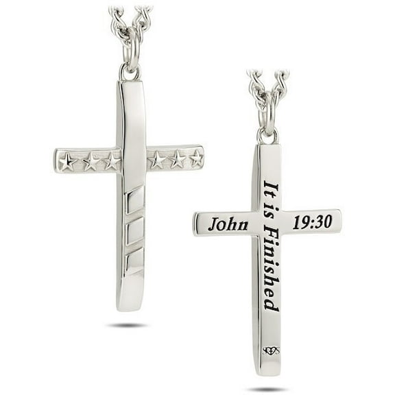 Men's Stainless Stars & Stripes Cross Necklace- John 19:30 by Shields of Strength