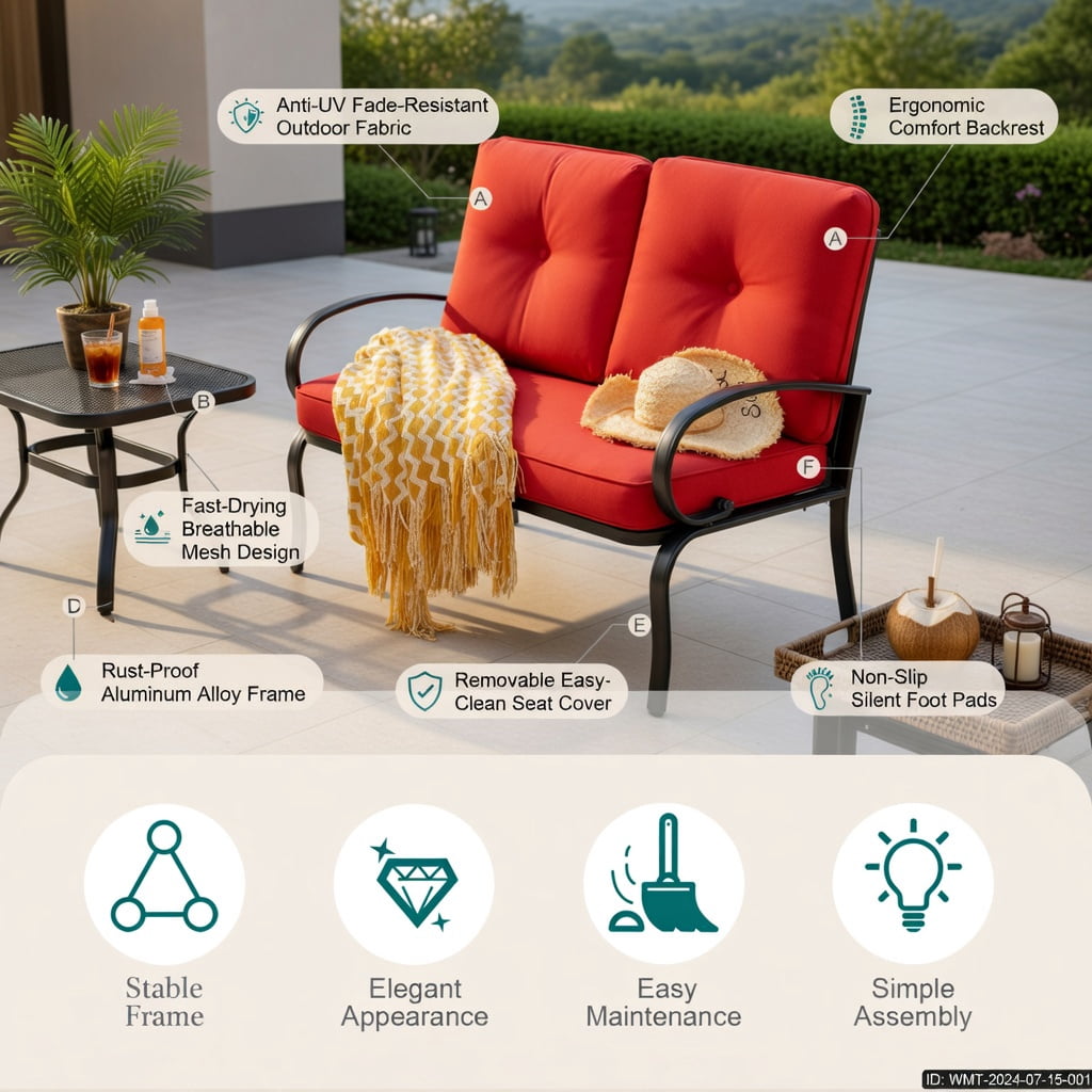 Hommoo 2-Piece Outdoor Patio Furniture Set, Cushioned Steel Loveseat & Coffee Table, 4" Thick Cushions, Easy Assembly, Red