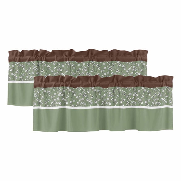 Sage Green Brown Floral Window Valance, Stitching Art 2 Pack Decorative Curtain for Small Windows, Light Filtering Valance with 3” Rod Pocket, 42"W x 12"L