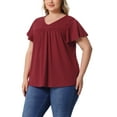 thumbnail image 4 of Agnes Orinda Women's Plus Size Floral Tops Ruffle Pleated V Neck Short Sleeve Summer Casual Blouse 1X Burgundy, 4 of 6