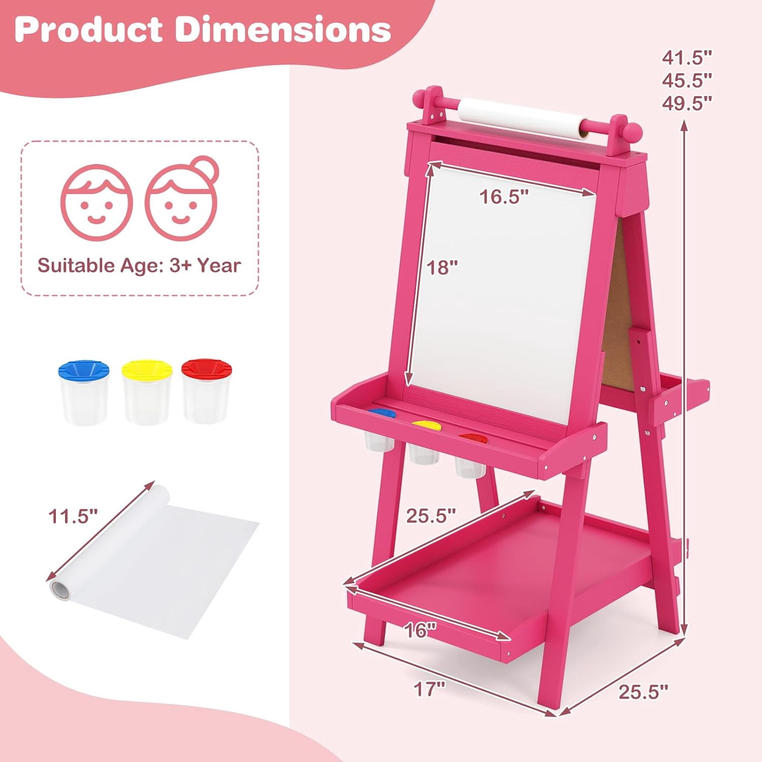 OLAKIDS Easel for Kids, 3 in 1 Adjustable Painting Art Board, Foldable Double-Sided Wooden Drawing Chalkboard Magnetic Whiteboard with Paper Roll, Storage Rack, Cups for Boy Girls