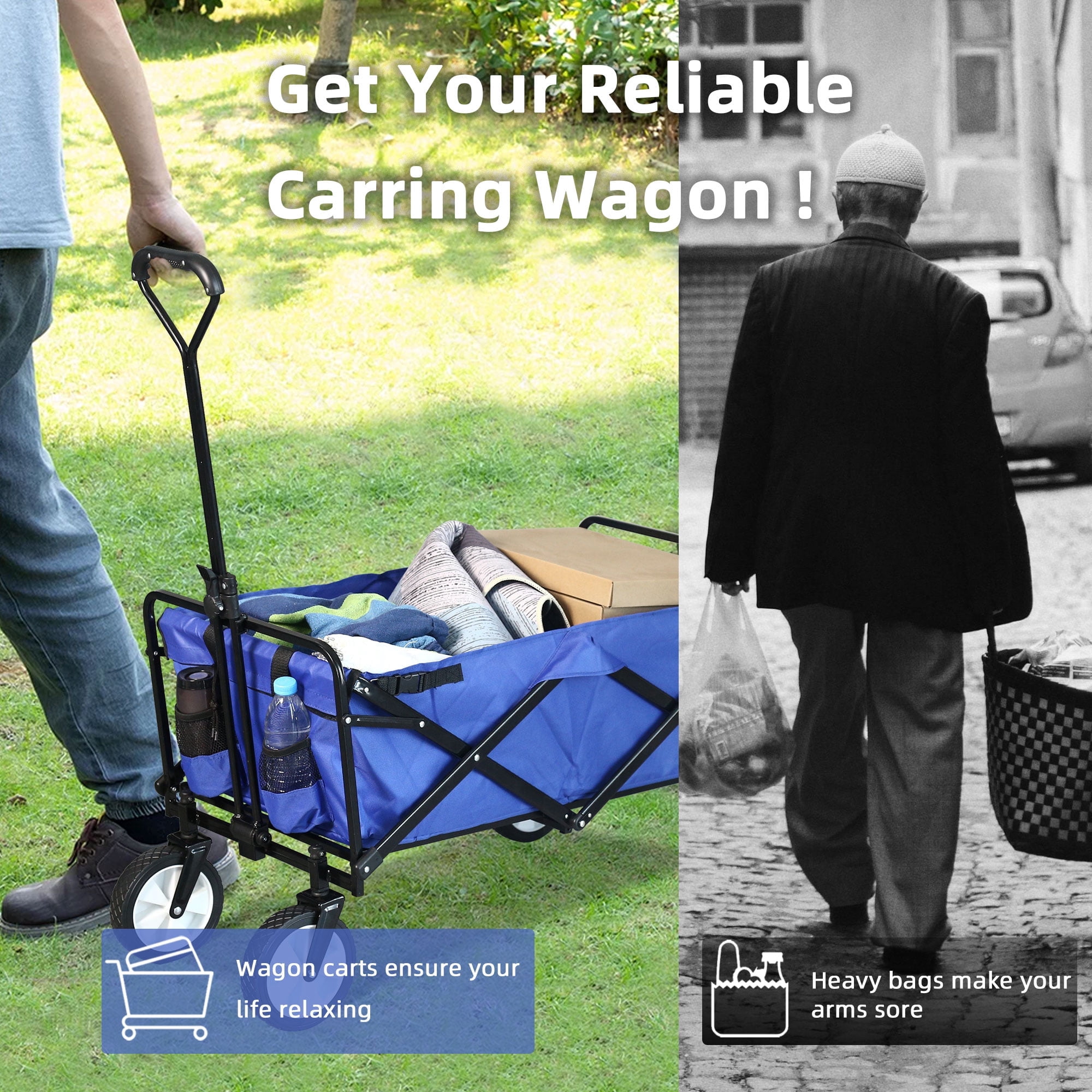 YRLLENSDAN Folding Wagons and Carts, Collapsible Wagon, Grocery Wagon with Wheels, Portable Wagon Outdoor, All-Terrain Utility Wagon for Camping Beach Sports, 200lb Heavy Duty Wagon, Blue