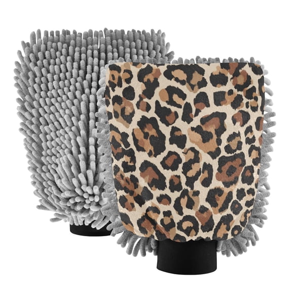 Microfiber Car Wash Gloves With Chenille & Polyester Terry Scratch-Free Cleaning Elastic Cuffs Leopard Print