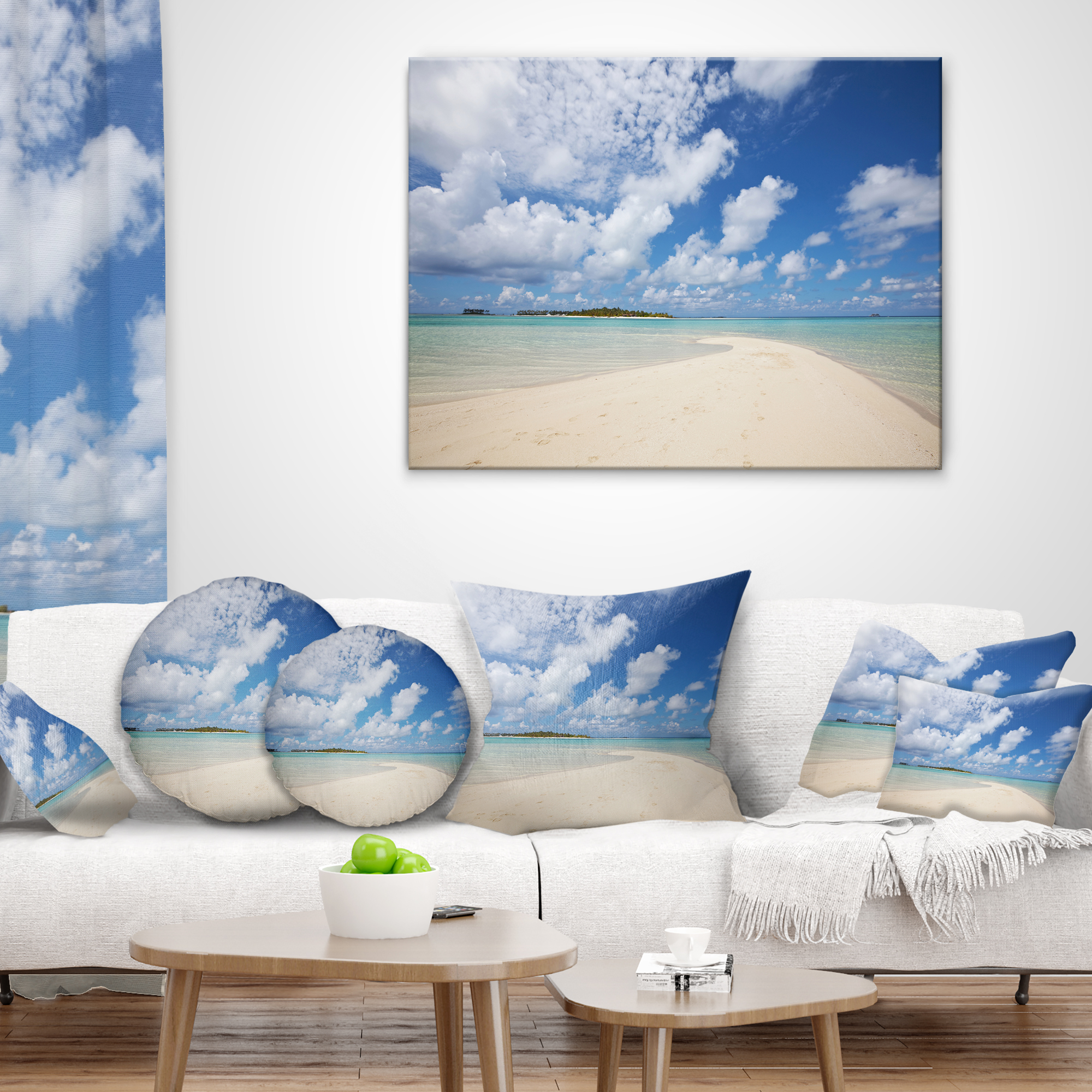 Designart Serene Maldives Beach under Clouds - Seascape Throw Pillow - 18x18