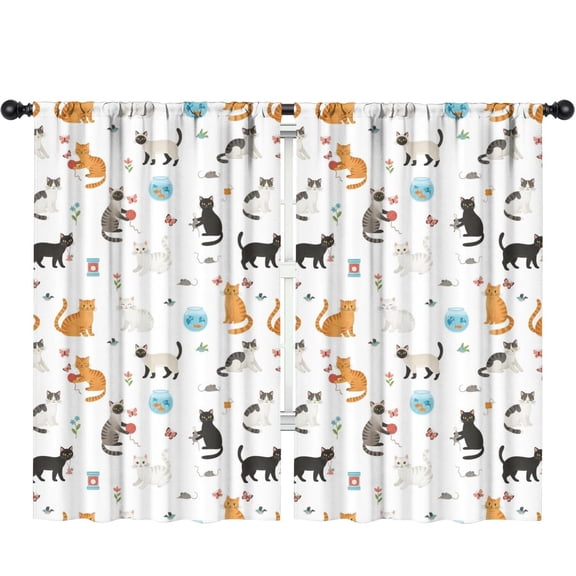 Blackout Kids Curtains,Cat and Fishbowl White Pattern Children's Insulated Curtains Set Of 2,Bedroom Essentials,Toddler Room Decor 52"x84"