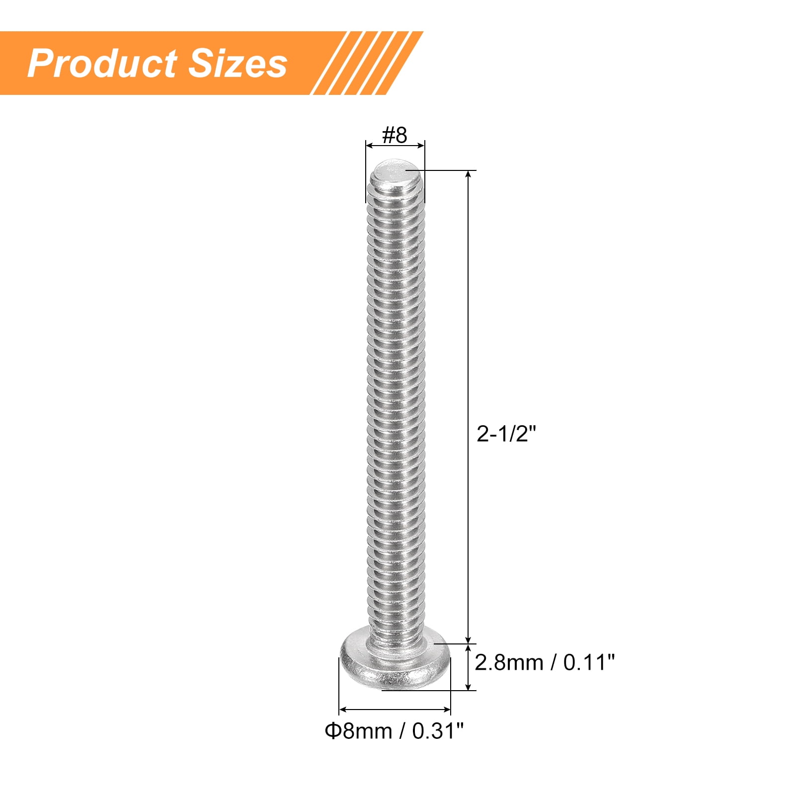 #8-32x2-1/2" Pan Head Machine Screws, 304 Stainless Steel Screw, Pack of 50