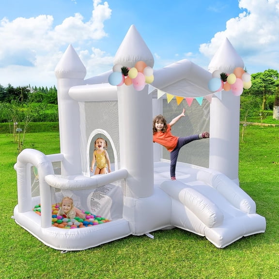 NEORIVER White Bounce House, 9FT Inflatable Bounce House for Kids, 840D Oxford Cloth Bounce House with Slide, Castle Style Bouncy House with Blower, Easy to Set up, Party & Birthday & Gift