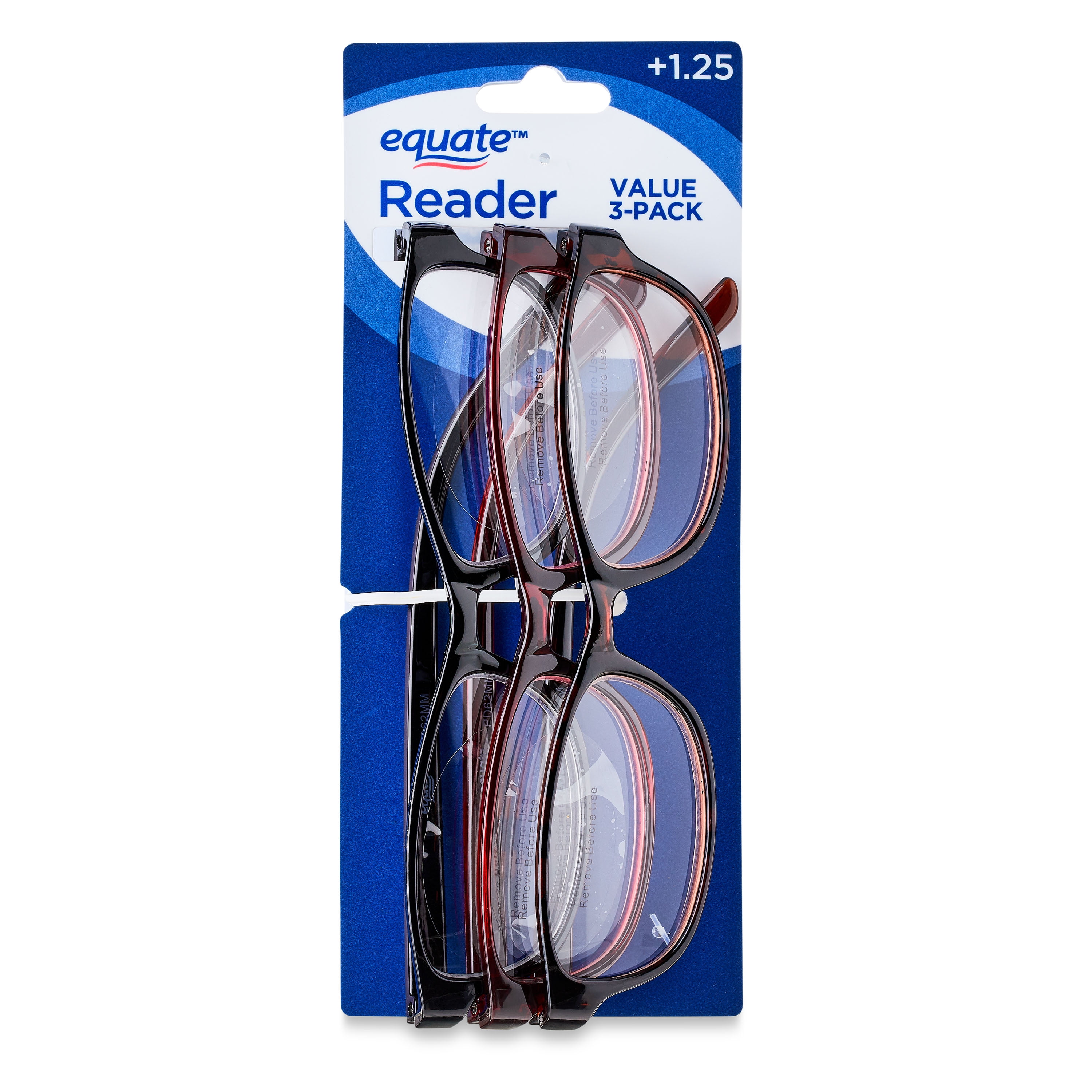 (2 pack) Equate Women's Rectangular Reading Glasses, Black/Wine/Tortoise, +1.25, 3 Pack