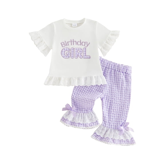 BemeyourBBs Toddler Baby Girl Birthday Outfit 1 2 3 4 5 Years Old Birthday Summer Clothes Baby Girls Ruffled Short Sleeve Crew Neck Letters T-shirt with Plaid Flare Pants Set
