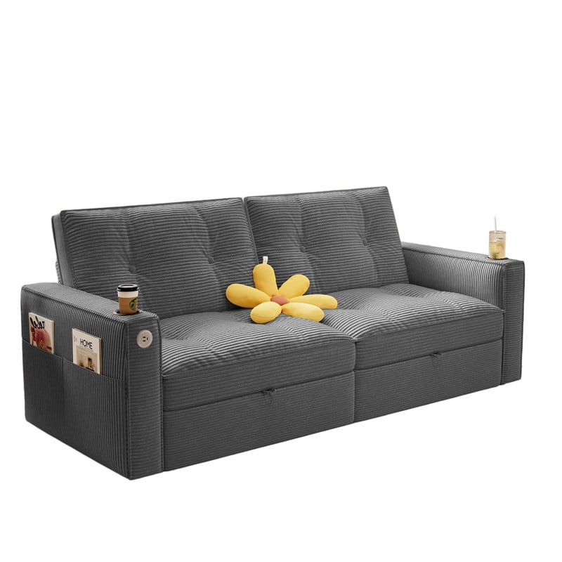 72.6" Convertible Sofa Bed, 2-in-1 Sleeper Sofa with USB Charging Ports & Side Pockets, Modern Corduroy Upholstered Sofa Couch with Steel Frame for Living Room, Bedroom, Apartment