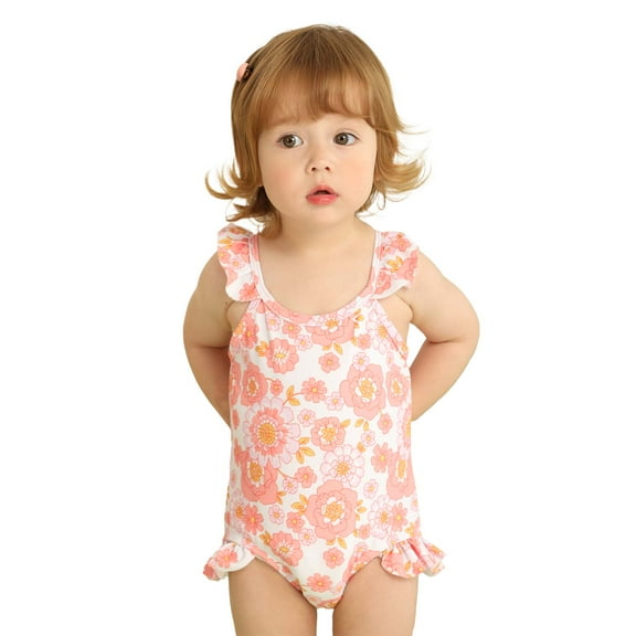 KIMI BEAR 3T Toddler Girls Summer One-piece Swimsuits 4T Toddler Girls Ruffle Sleeveless Backless Bathing Suits Floral Beach Wear Holiday Clothing Pink