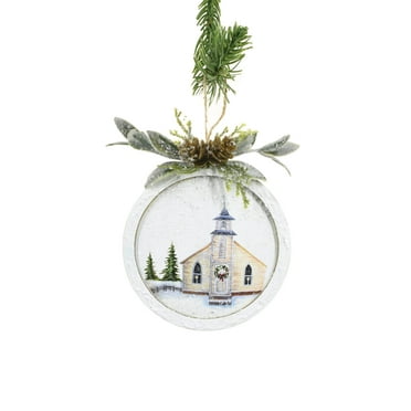 Starlight Collection, White Wool Hanging Ball Ornament with Winter Church Scene (Pack of 4)