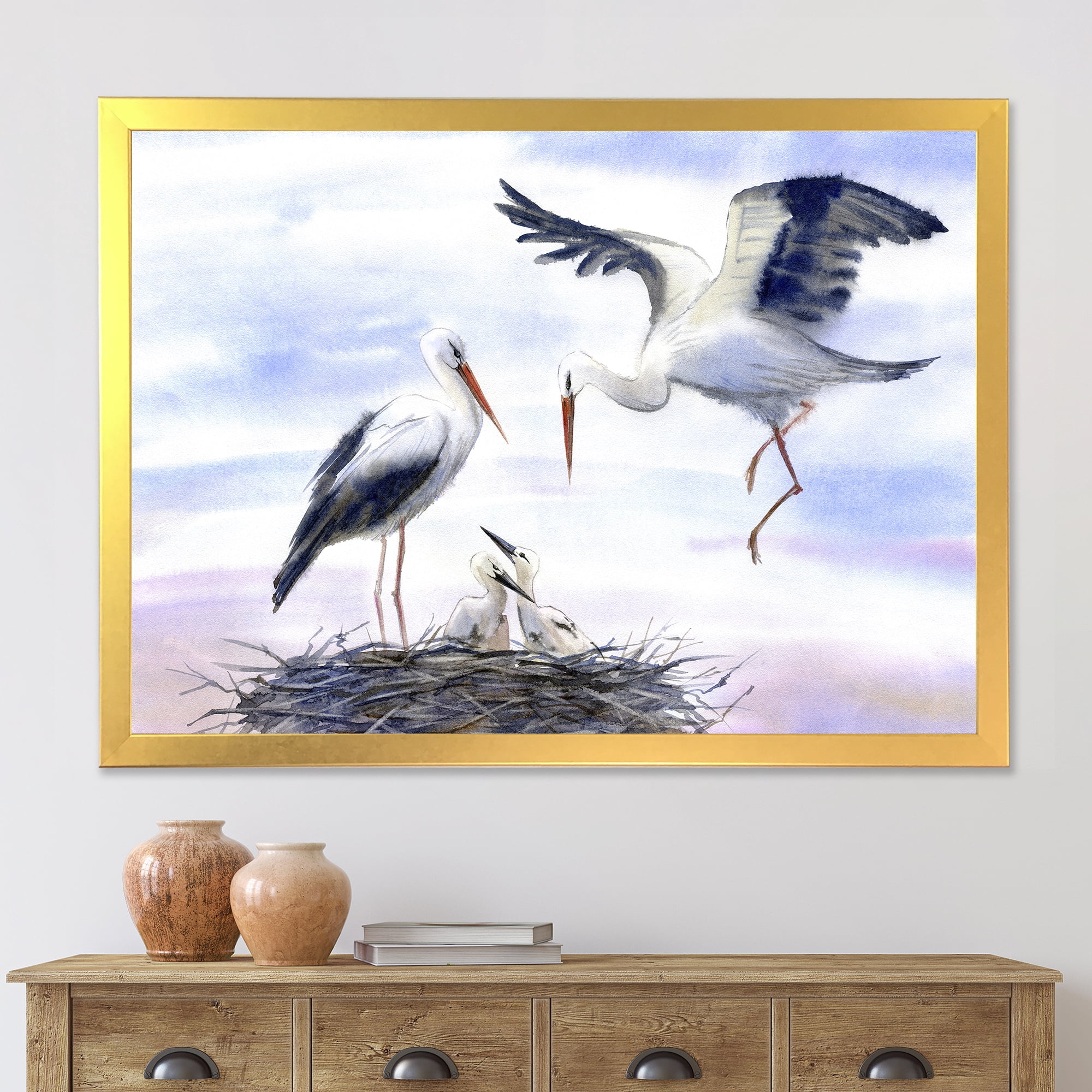 Designart 'Storks With Babies In The Nest' Farmhouse Framed Art Print