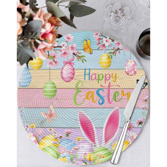 15 Inch Round Placemats Set of 6, Colorful Easter Non Slip Heat Insulation PP Table Mats, Spring Watercolor Bunny Egg Flower Wood Grain Washable Place Mats for Kitchen Dining Party Table Decor