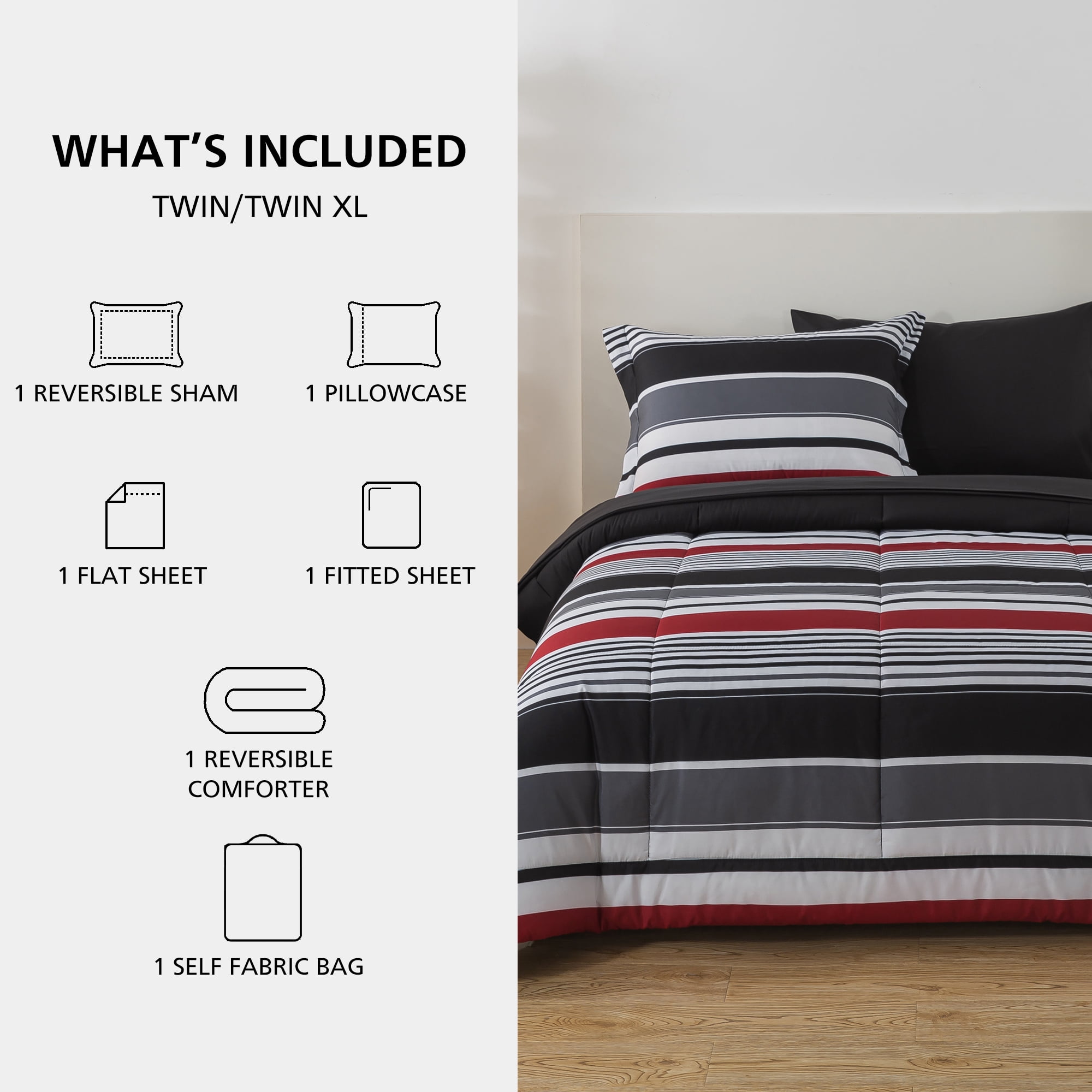 Mainstays All in One Reversible Comforter and Sheet set- 5 Piece, Twin, Red and Black Stripe