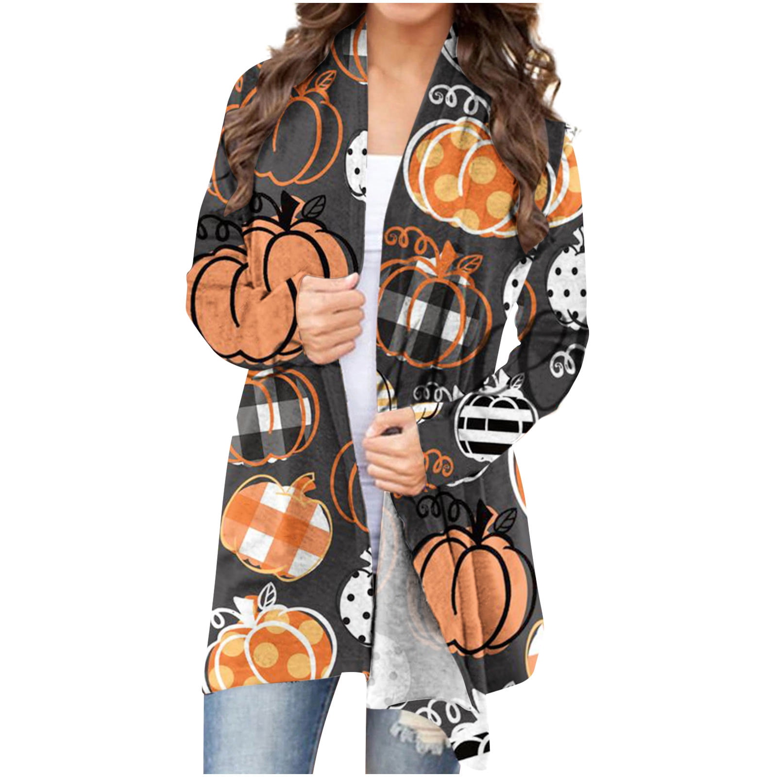 Halloween Cardigan Sweaters for Women,Women Casual Heart Print Cute Pumpkin Black Cat Ghost Lightweight Coat 