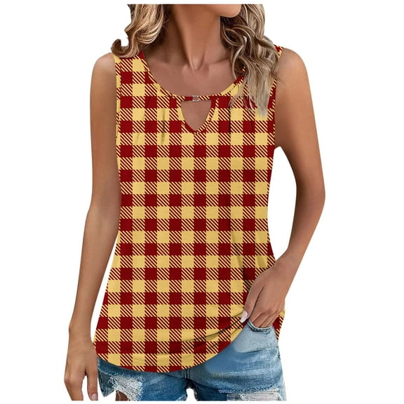 Lenpel Women's Tank Tops Fashion Summer Casual Crew Neck Cut out Sleeveless Plaid T-Shirts Tunic Tee Blouses