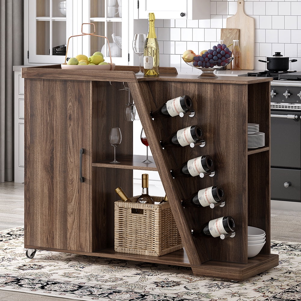 Resenkos Mobile Kitchen Island Cart with 5 Wine Holders & Adjustable Shelf, Rolling Storage Cart for Dining Room, Brown