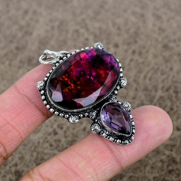 925 Sterling Silver Ammolite, Amethyst Gemstone Jewelry Pendant 1.97"