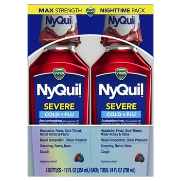 Vicks NyQuil Severe Cold and Flu Liquid, Nighttime Cold and Flu Medicine, Berry, 2x12 Fl oz