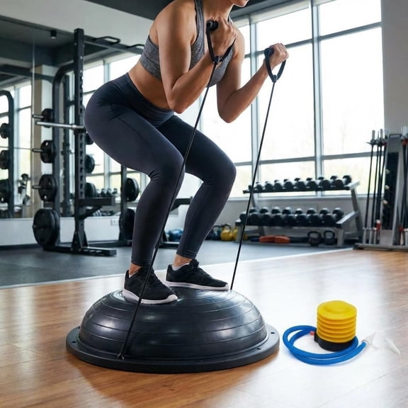 23" Half Balance Ball Trainer, 1600lbs Anti-Slip Yoga Ball with Resistance Bands & Pump, Home Core Fitness for Pilates & All Levels, Black