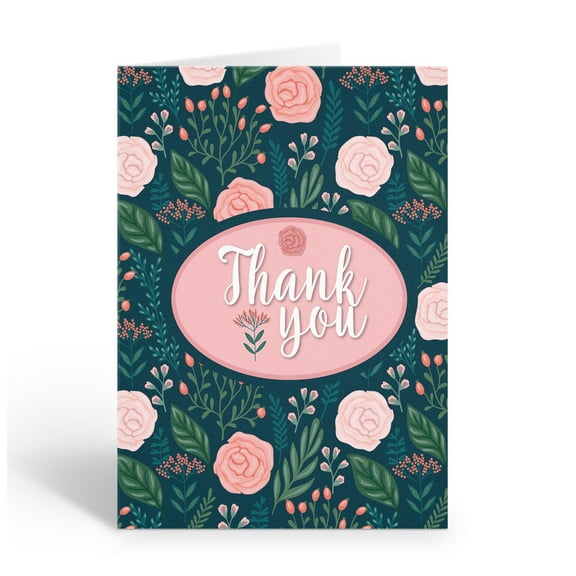 Pink Roses Thank You Note Card - 10 Note Cards with Envelopes - B14420