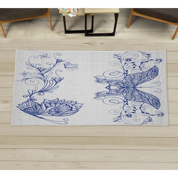 Spring Decorative Rug, Butterfly with Floral Mandala Pattern Bohemian Design with Butterfly Wings, Quality Carpet for Bedroom Dorm and Living Room, 6 Sizes, Navy Blue, by Ambesonne