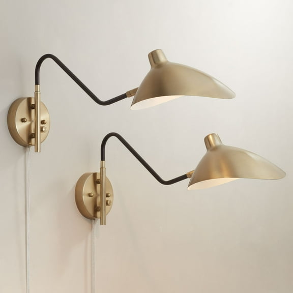 360 Lighting Colborne Mid Century Modern Swing Arm Wall Lamps Set of 2 Brass Black Plug-in Light Fixture Up Down Metal Shade for Bedroom Living Room