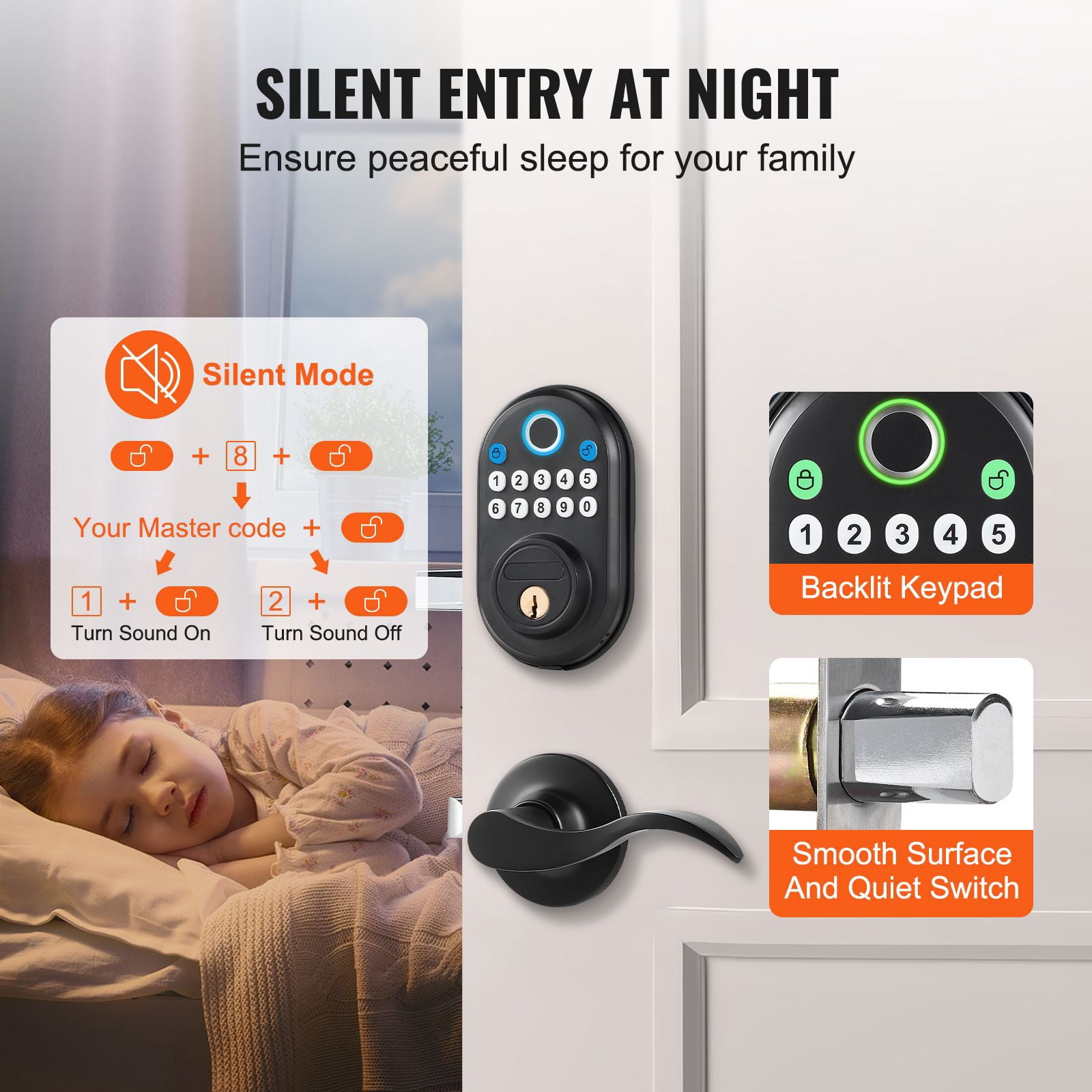Fingerprint Door Lock with Handles 50 Fingerprints 100 Passcodes Auto-Lock 5-69s One-Time Code Waterproof for Home Office
