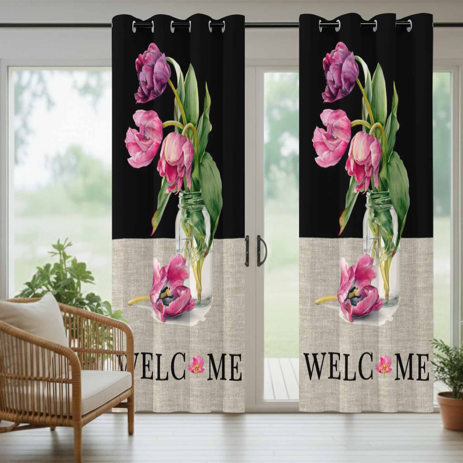 Welcome Outdoor Curtains for Patio, Country Watercolor Pink Purple Floral Vase Black Linen Sunshade Privacy Drapes Grommet Waterproof Outside Curtains for Porch/Cabana/Balcony 54"x 108", 1 Panel