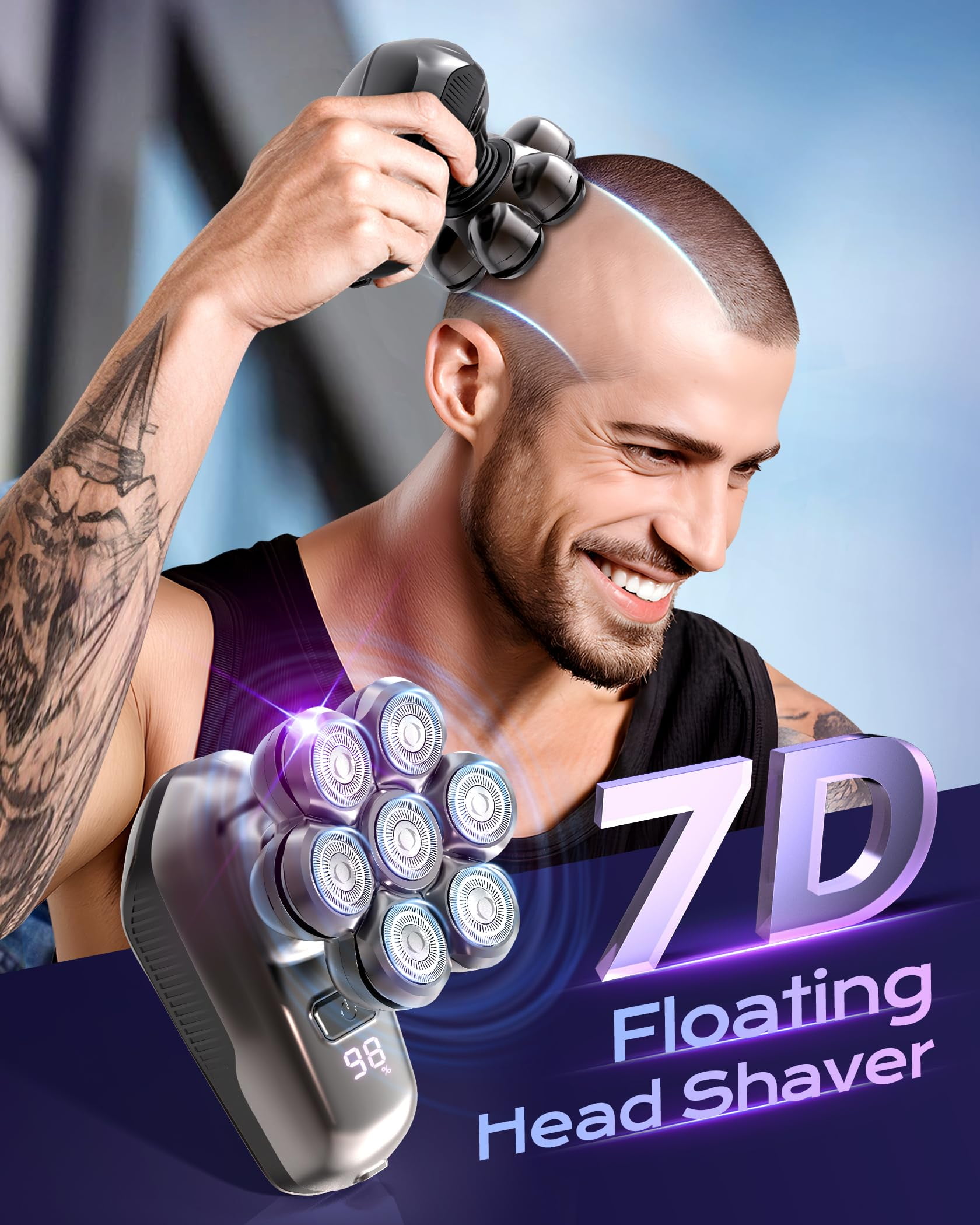 7D Head Shavers for Bald Men, Detachable Head Shaver LED Display Dry Wet Bald Head Razor, IPX7 Waterproof Head Shavers with Type-C Charge