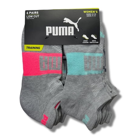 PUMA SOCKS WOMEN'S - LOW CUT 243 - EDGE GREY PINK - SHOE SZ 5-9.5 - PACK 6