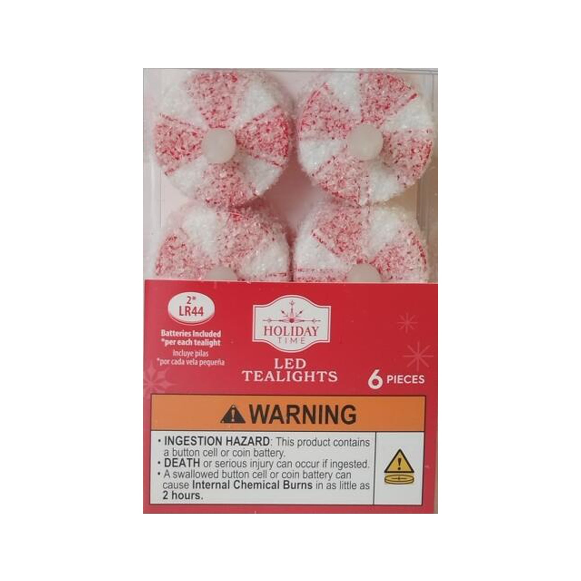 Indoor Battery-Operated LED Plastic Flameless Candy Cane Christmas Tealight Candles, Red and White, 1.5", 6 Count, by Holiday Time