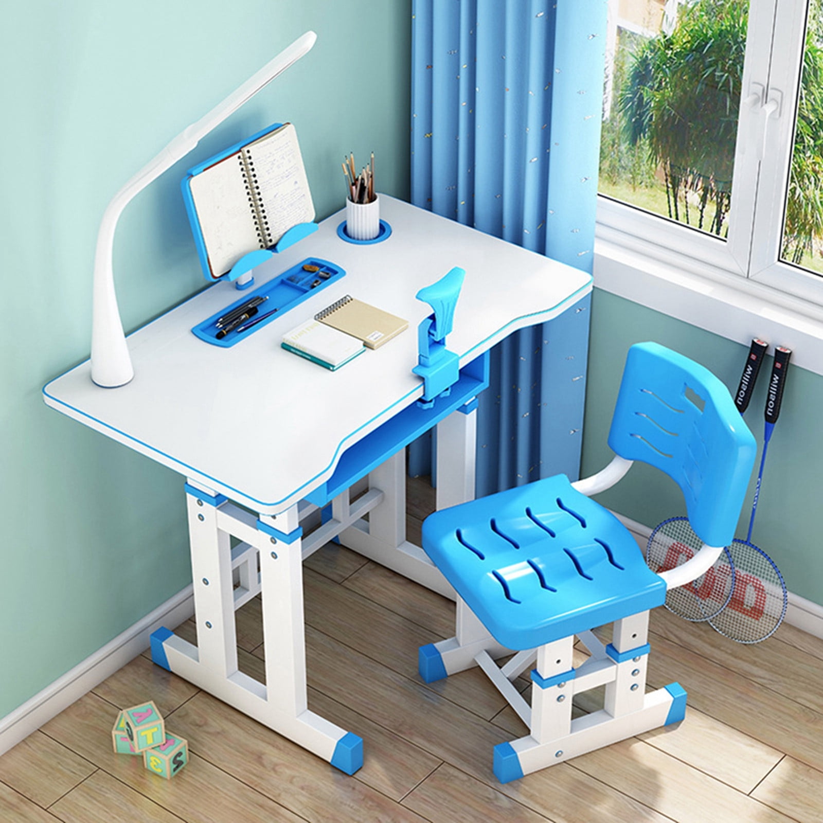 Kids Study Desk and Chair Set Height Adjustable with Table LED Lamp Bookstand 