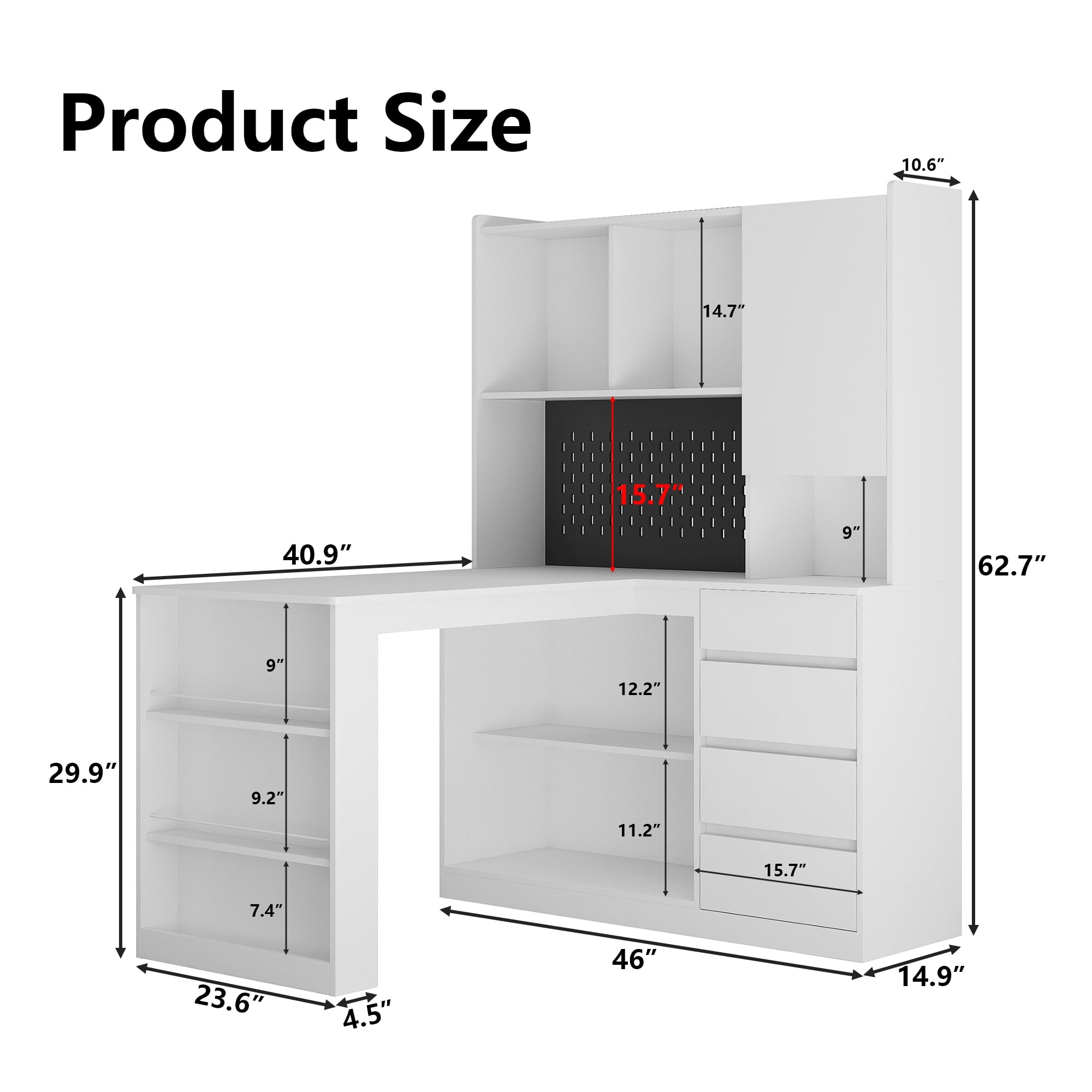 MDQMD L Shaped Computer Desk with 4 Drawers,White Home Office Desk with Power Outlet and Bookshelves,Corner Gaming Desk with Hutch