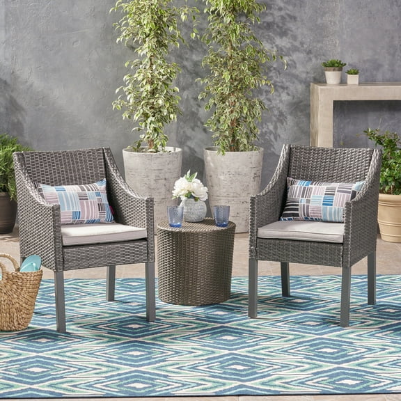GDF Studio Sims Outdoor 3 Piece Wicker Chat Set, Gray and Silver