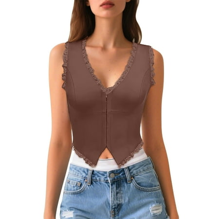 IURTWGBWS Sexy Lace Top for Women Summer V Neck Sleeveless Y2K Going Out Corset Tank Tops Brown L