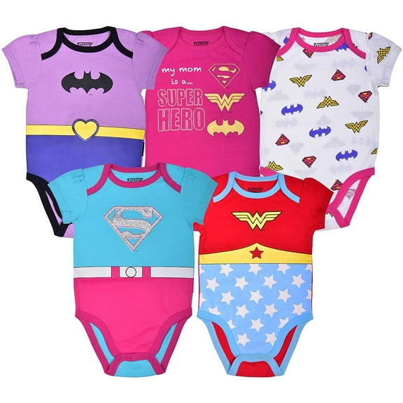 Warner Bros Girl's 5-Pack Justice League Shot Sleeve Baby Onesie Creepers