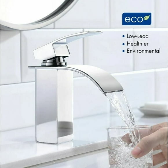 Polished Chrome Waterfall Faucet, Single Handle with Deck Plate and Flexible Hoses, Stainless Steel Construction for Rust-resistant, Temperature Adjustable Bathroom Sink Faucet